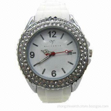 Fashionable Wristwatch, Made of Alloy Case and Silicone Band, with Beauty Crystal